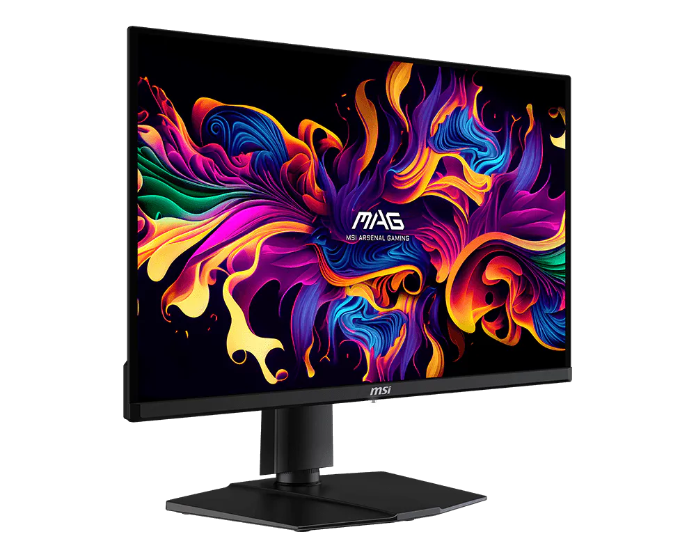 MSI MAG monitor élénk, absztrakt virágmintával a képernyőn és fekete állvánnyal.