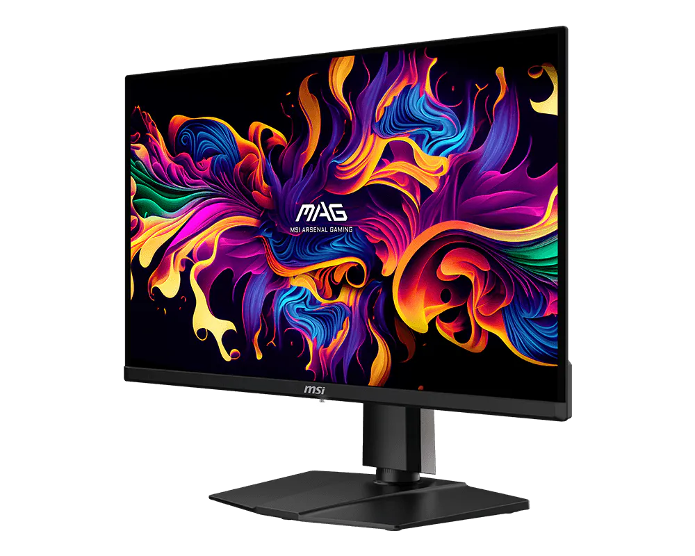MSI monitor élénk absztrakt művészeti kijelzővel és fekete állvánnyal.