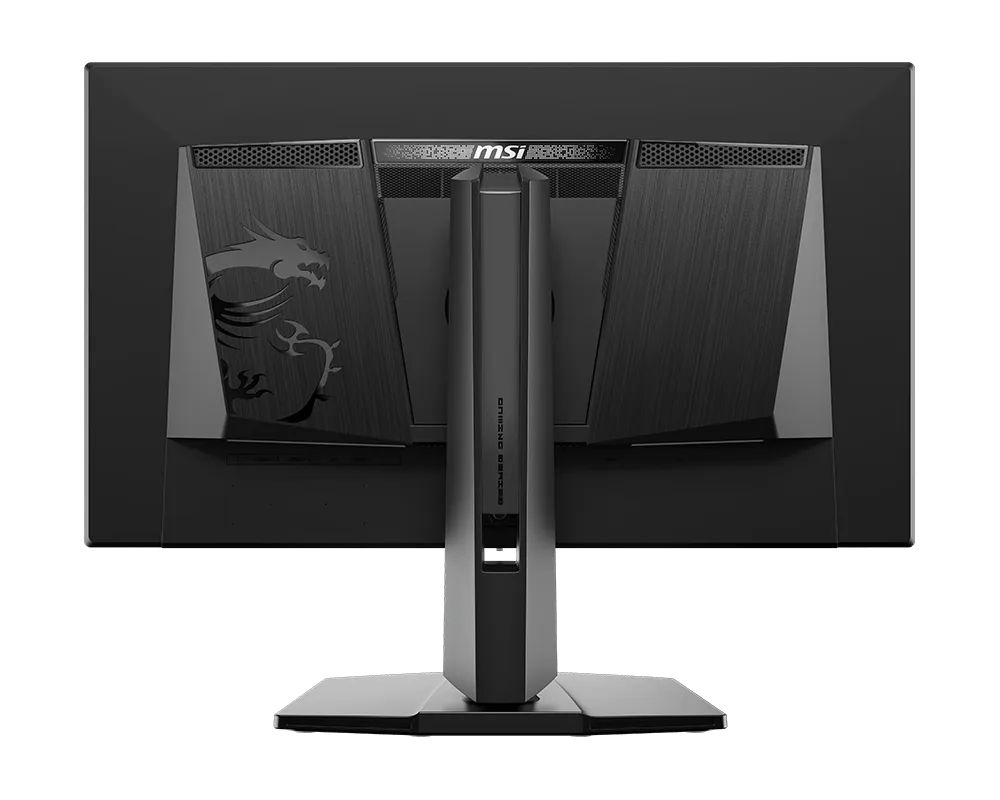 Egy fekete MSI gamer monitor hátulja sárkány logóval.