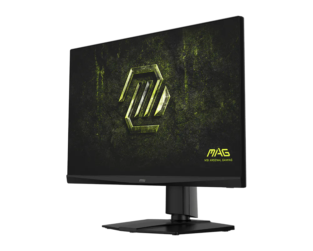Egy fekete gamer monitor sárga logóval a képernyőn.