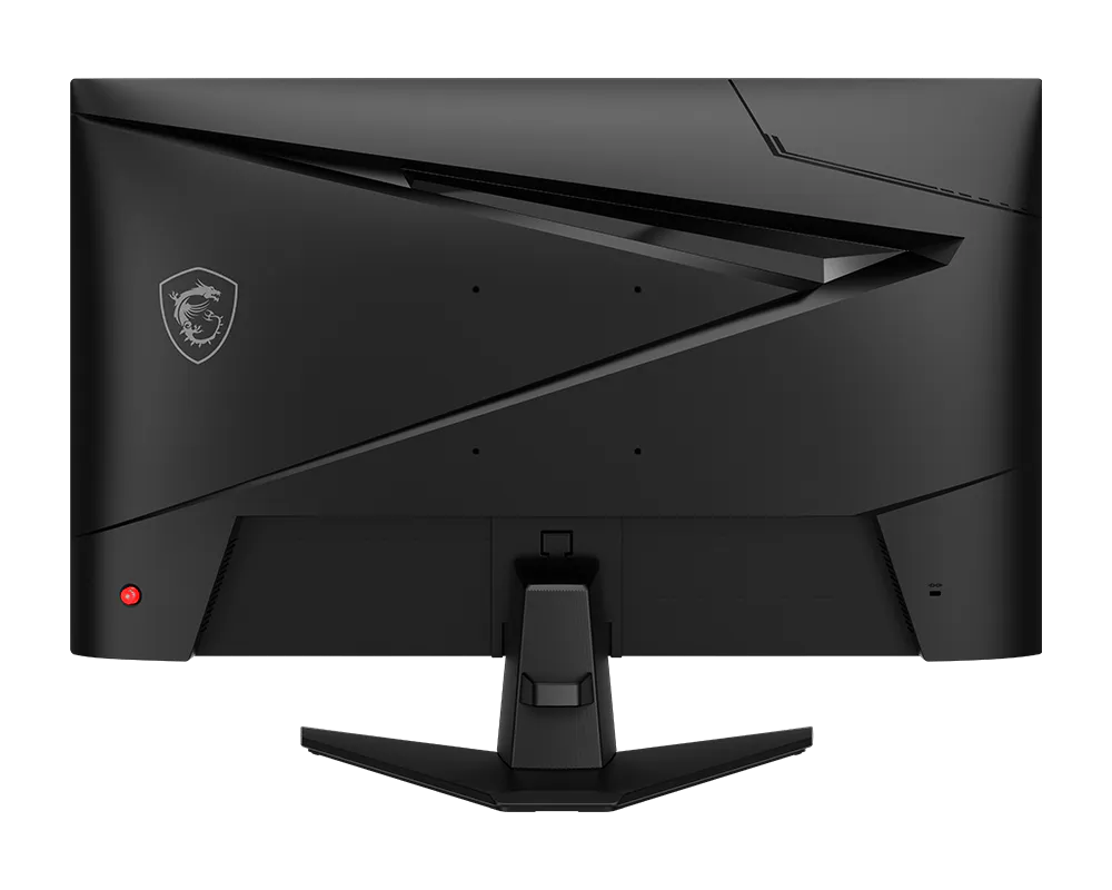 Fekete MSI monitor hátulja sárkány logóval, piros gombbal és állvánnyal.