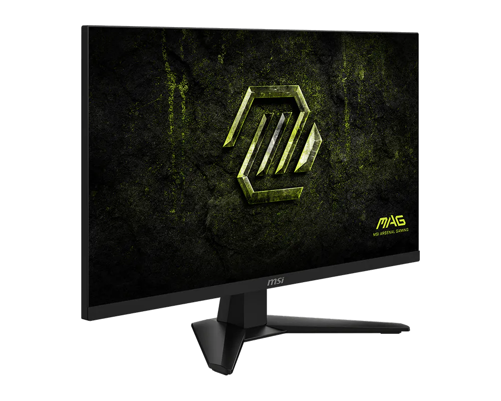 Egy fekete MSI gamer monitor zöld emblémát és feliratot mutat sötét háttéren.