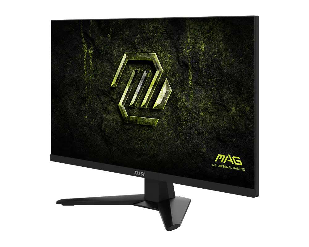 Gamer monitor sötét háttérrel és sárga logóval.
