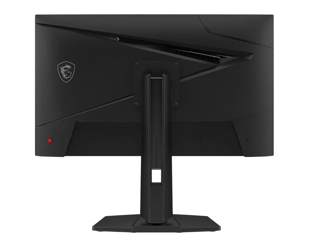 Egy fekete monitor hátulja MSI logóval és piros gombbal.