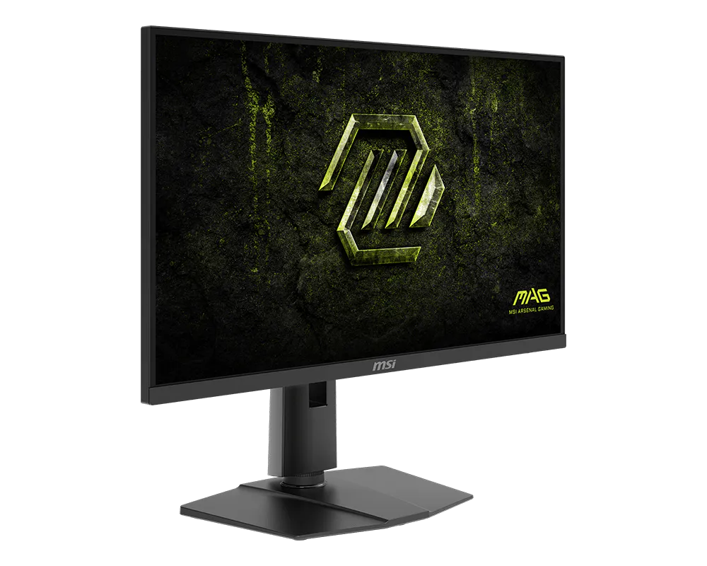 MSI MAG monitor sárga és fekete absztrakt dizájnnal a képernyőn.