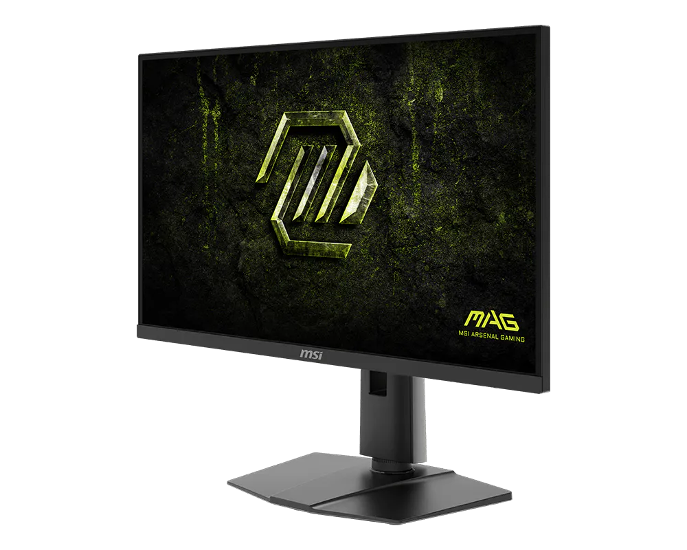 Fekete MSI gamer monitor zöld, sziklás háttérrel és logóval.