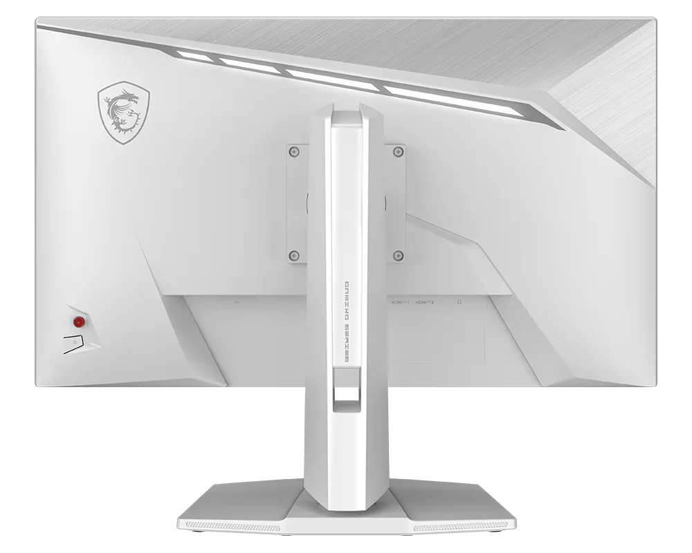 Fehér gamer monitor hátulja MSI logóval és portokkal.