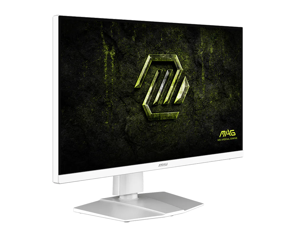 Fehér gamer monitor sárga logóval, sötét háttéren.