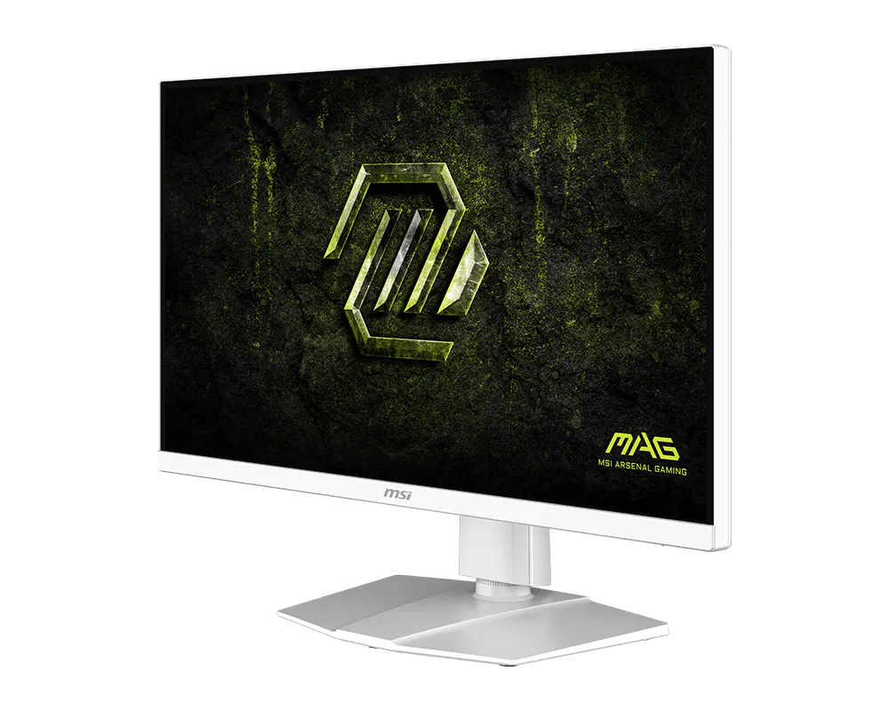 Egy fehér MSI gamer monitor sötét, zöld hátteret és logót mutat.