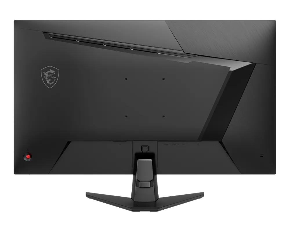 Egy fekete MSI monitor hátulja logóval, piros gombbal és állvánnyal.