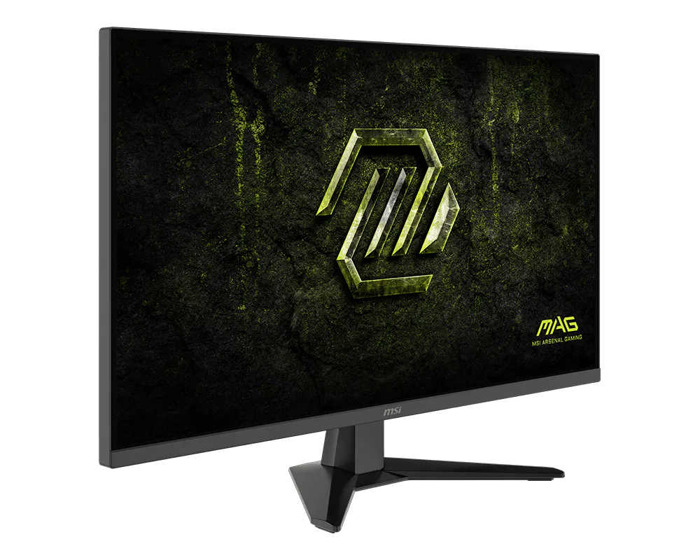 Gaming monitor sötét háttérrel és sárga logóval.