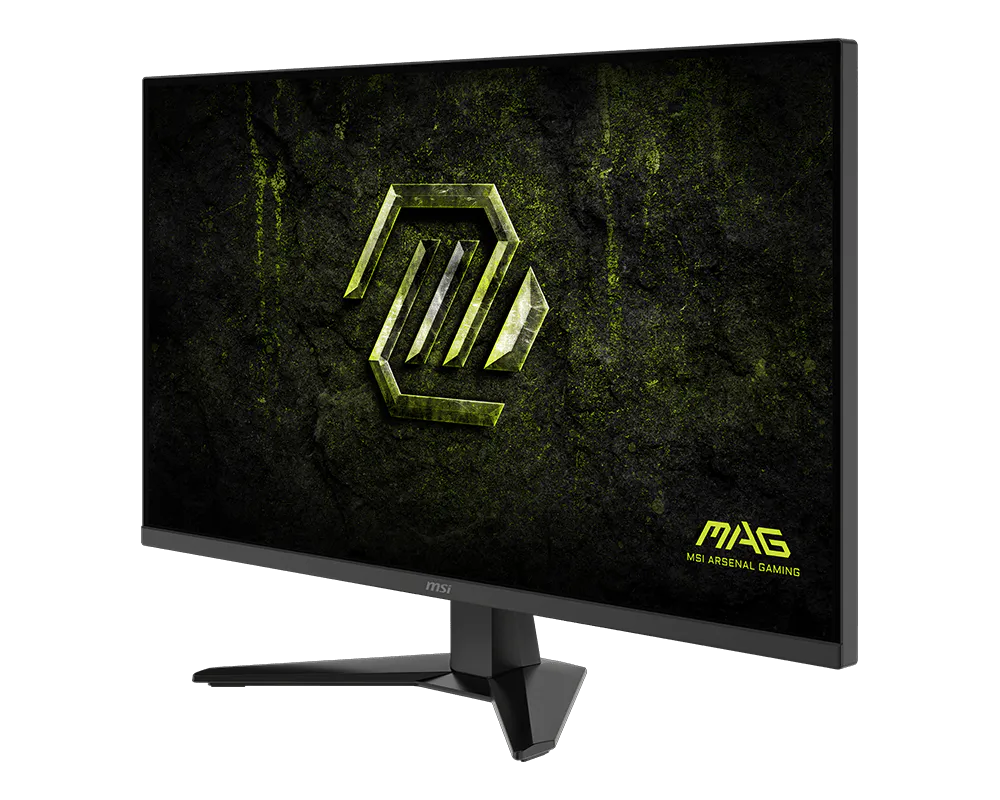 Egy fekete gamer monitor sárga logóval, sötét háttéren.
