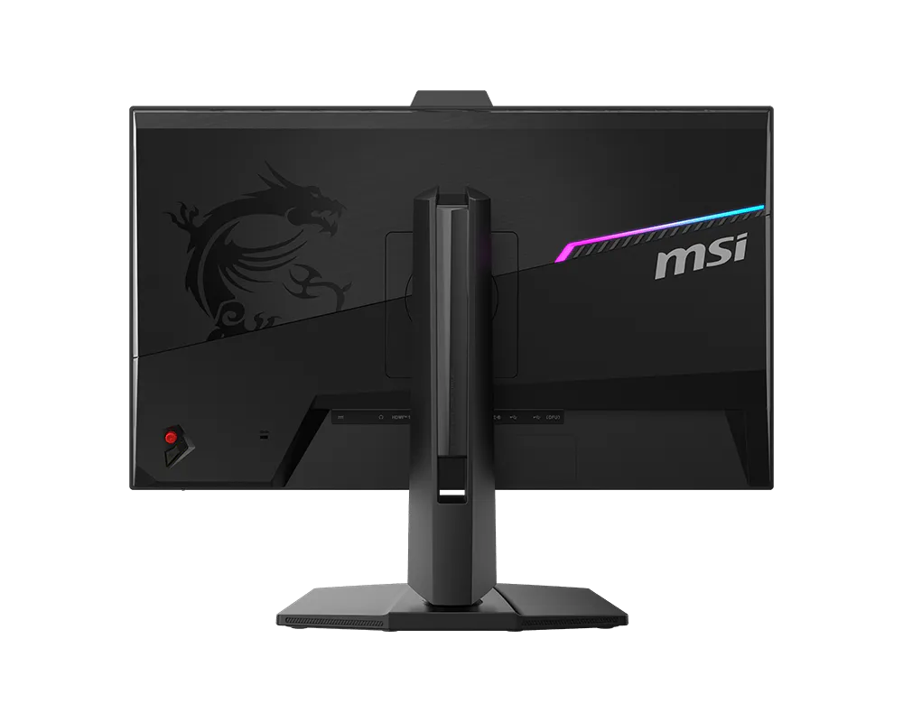 Egy fekete monitor hátulja MSI logóval, sárkány szimbólummal és RGB világítással.