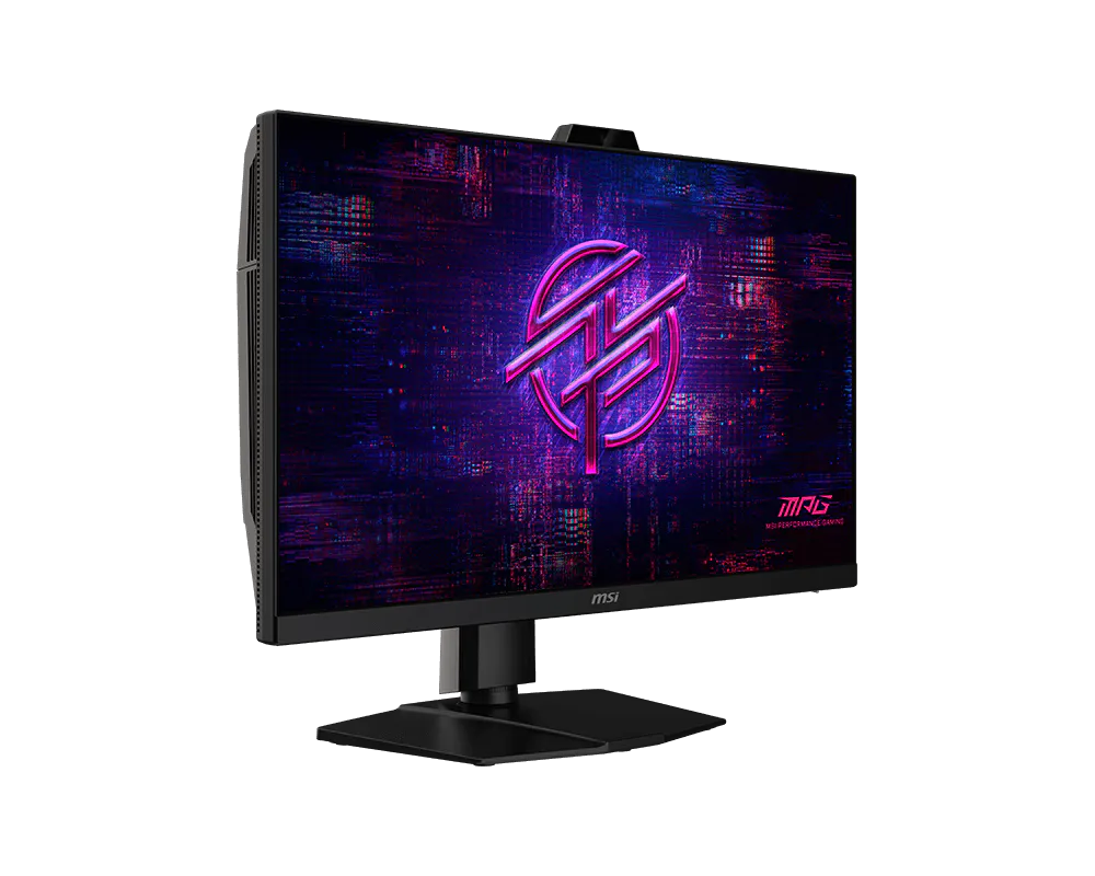 Egy fekete MSI gamer monitor rózsaszín logóval, glitchy háttérrel.
