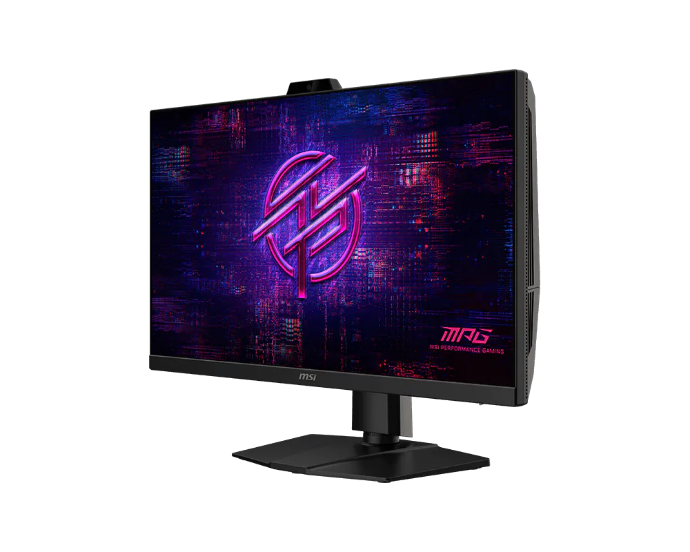 Egy MSI gamer monitor lila és kék absztrakt háttérrel, rózsaszín logóval.