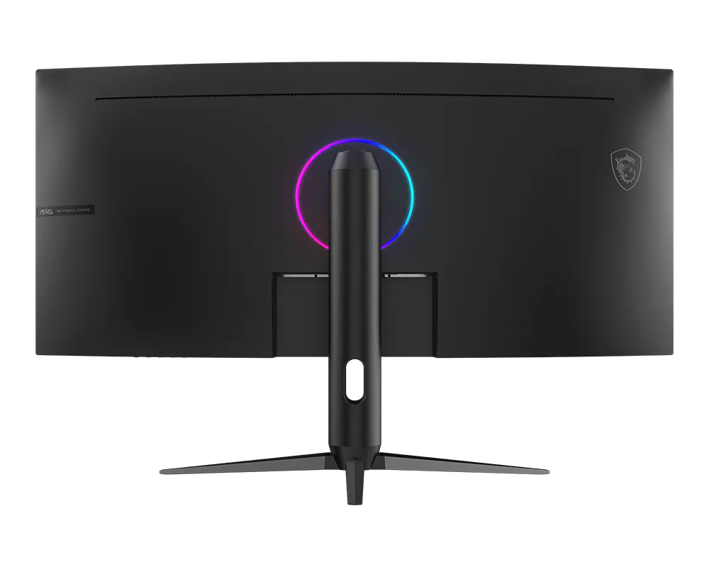 Fekete monitor hátulja RGB világítással és MSI logóval.