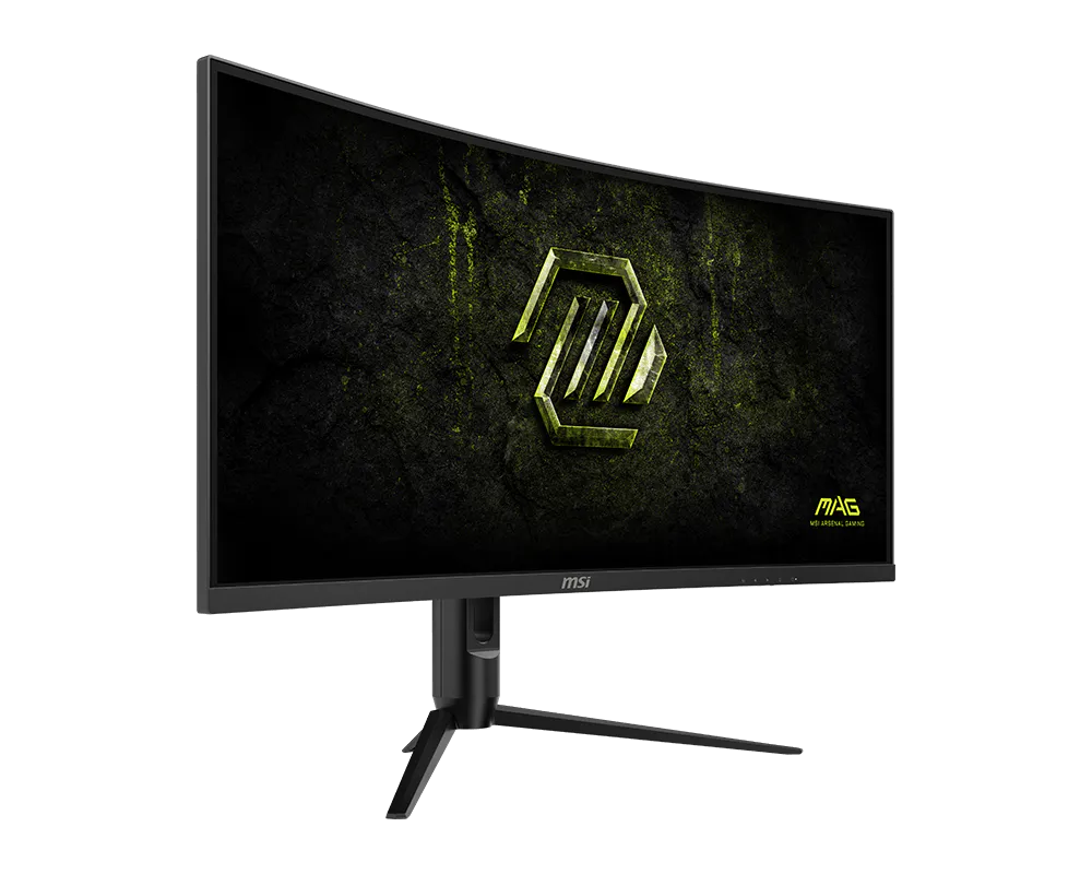 Ívelt fekete MSI gamer monitor sárga hatszög logóval, sötét texturált háttéren.