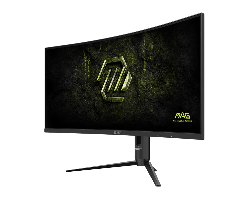 Egy fekete MSI ívelt gamer monitor sárga logóval, sötét, texturált háttéren.