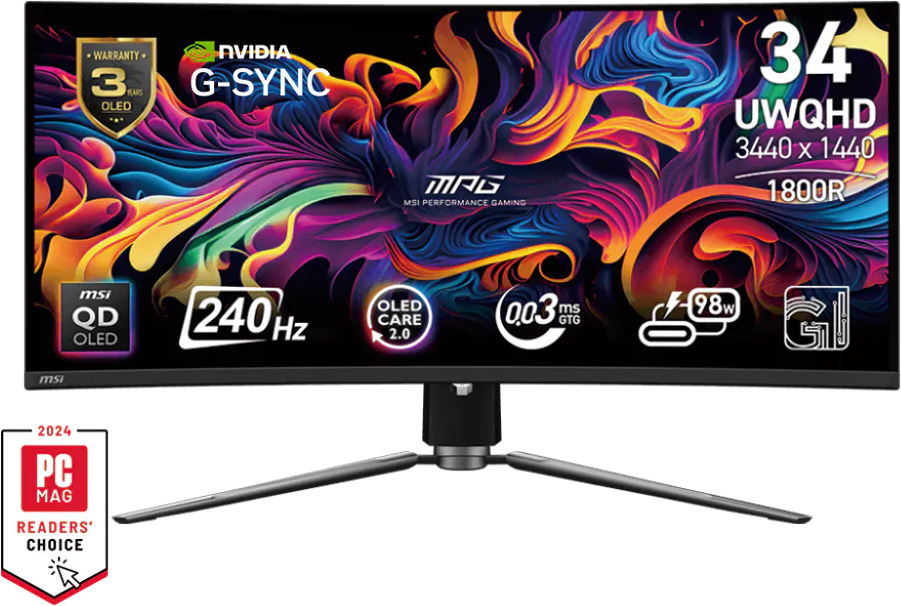 Egy MSI 34 UWQHD 240Hz QD-OLED gamer monitor színes absztrakt grafikával.