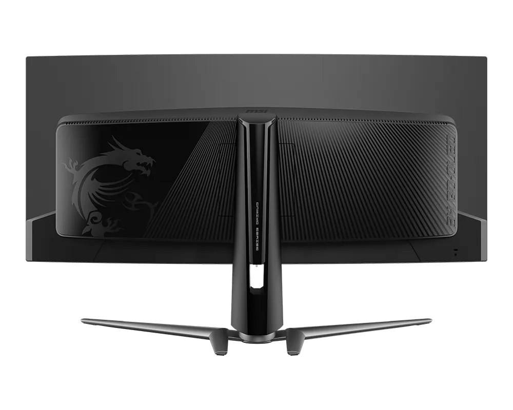 Fekete MSI gamer monitor hátulnézete sárkány logóval.