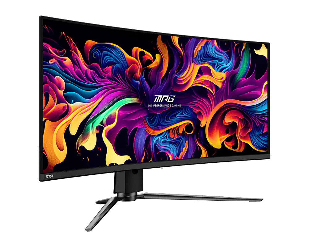 Ívelt gamer monitor élénk, absztrakt háttérrel. MSI logó látható.