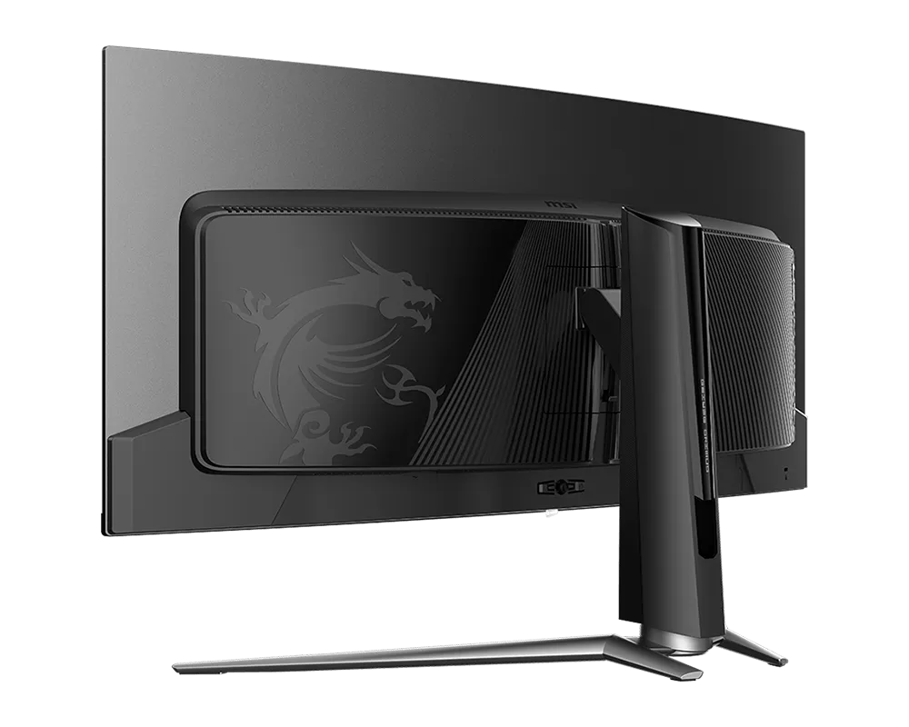 Fekete MSI gamer monitor hátulnézete, sárkány logóval és ívelt állvánnyal.