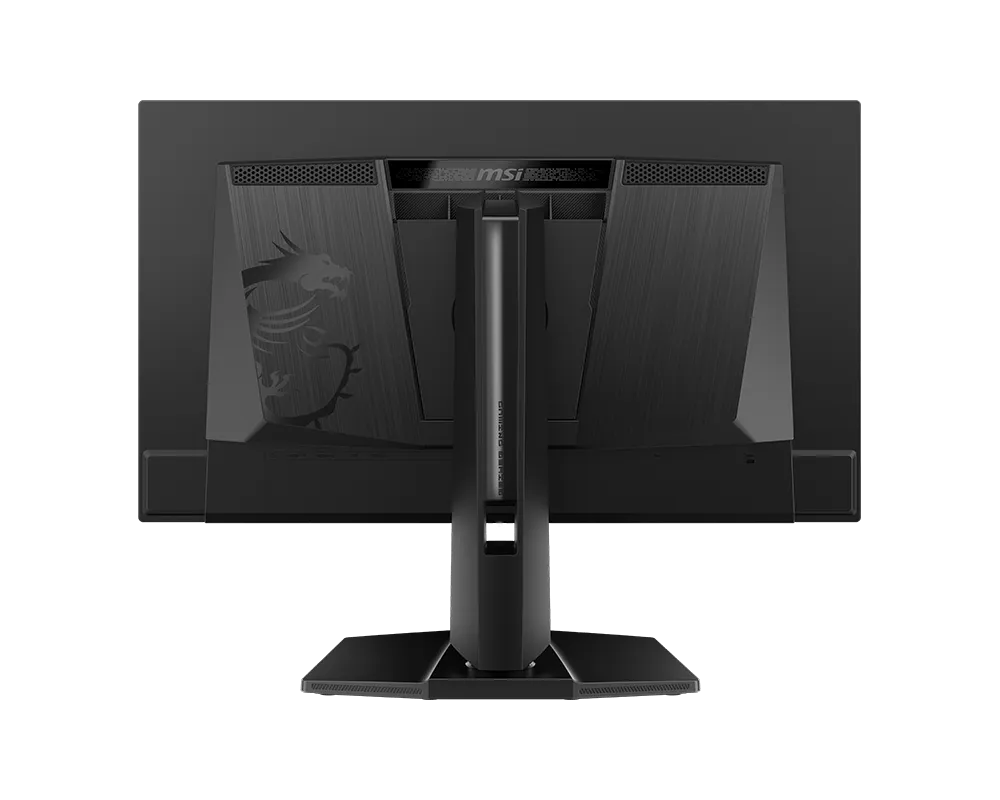 Fekete MSI monitor hátulja sárkány logóval és szellőzőnyílásokkal.