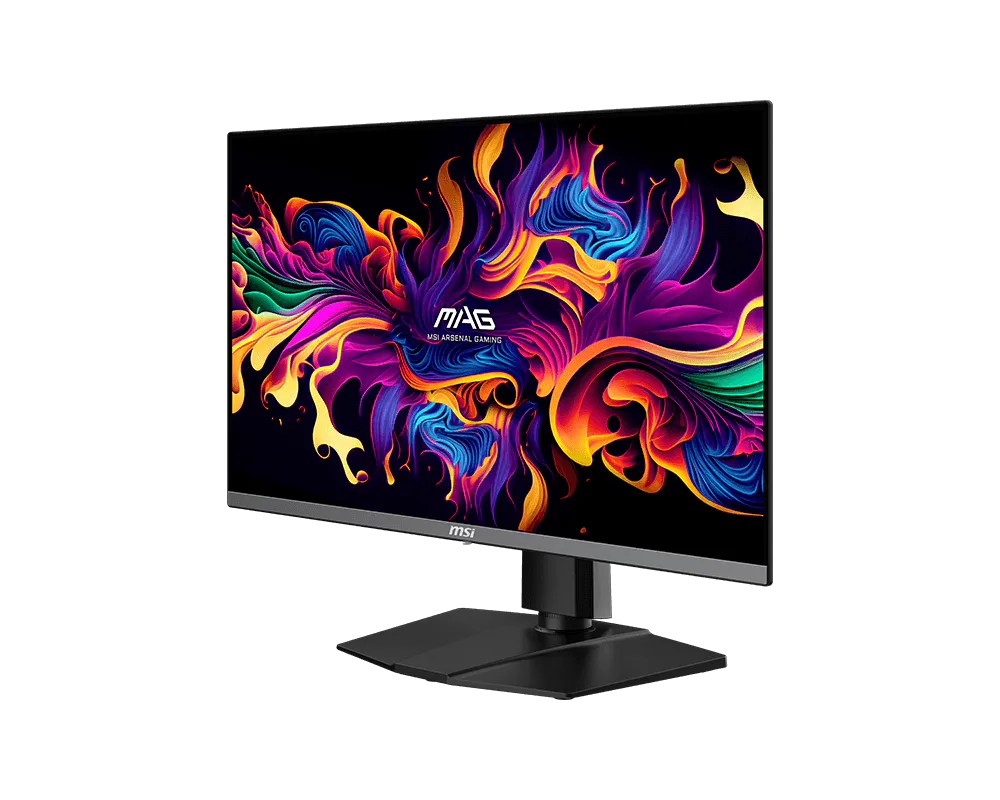 Egy MSI gamer monitor élénk, absztrakt, színes mintát mutat fekete háttéren.