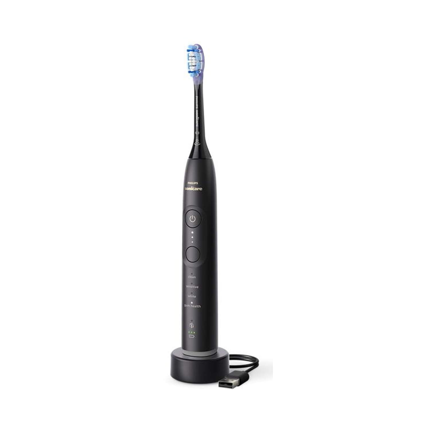 Spazzolino elettrico nero con testina blu su base di ricarica con cavo USB.