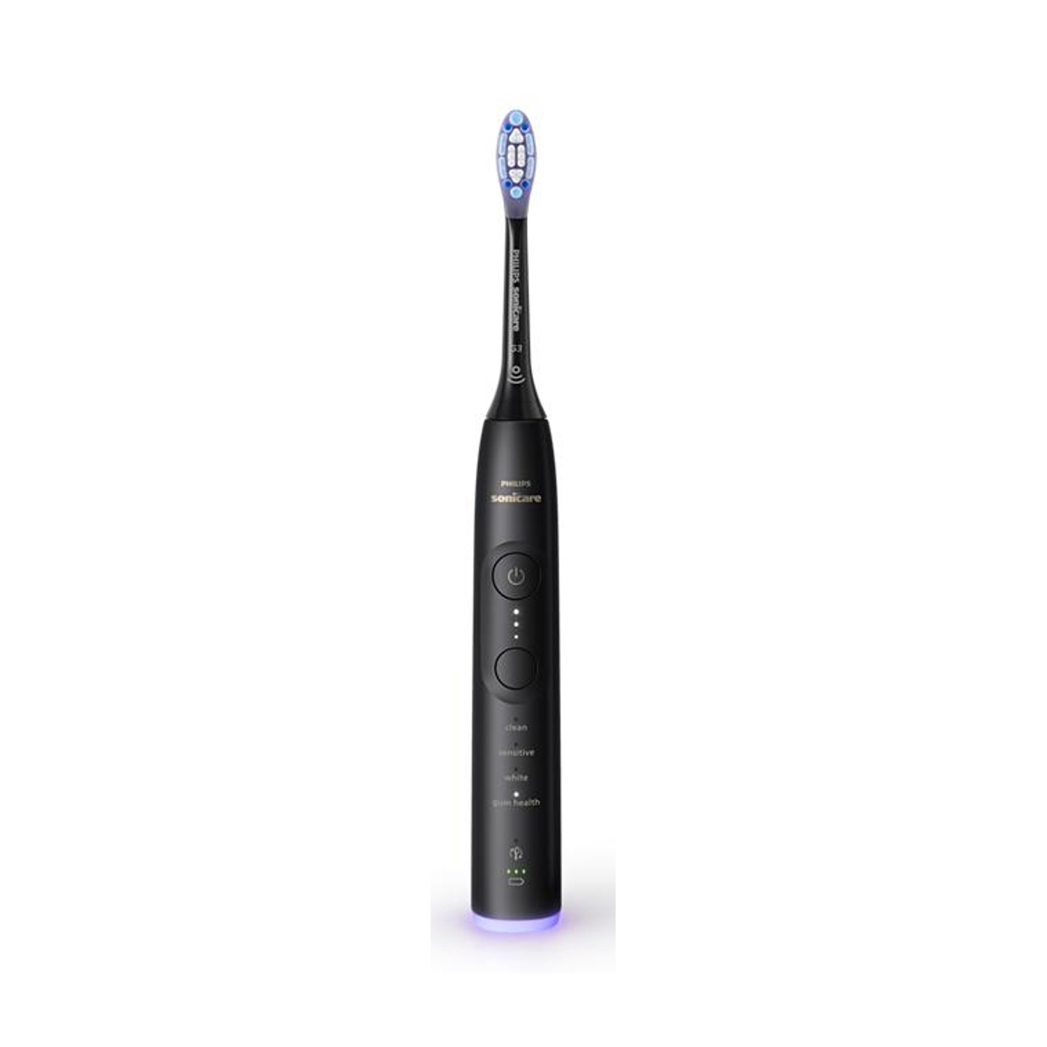 Spazzolino elettrico nero con setole blu e luci sul manico.