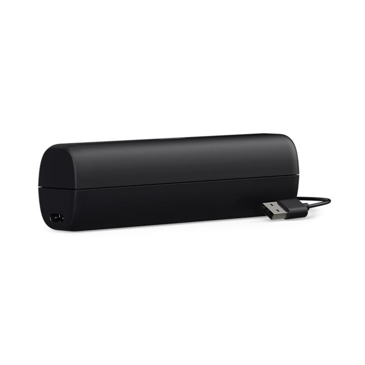 Un blocco di ricarica nero con cavo USB. Vista laterale.