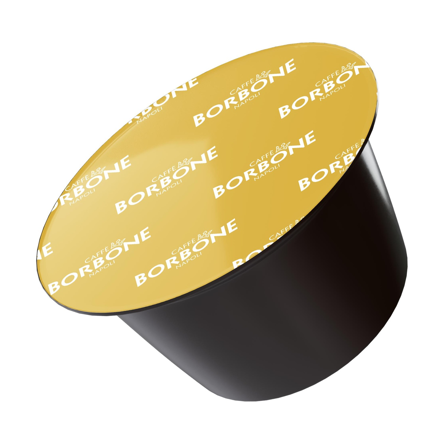 Una singola capsula di caffè con coperchio giallo e logo "BORBONE" su sfondo bianco.