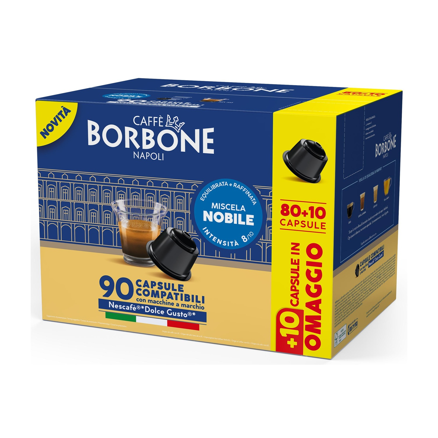 Confezione da 90 capsule caffè Borbone, 80+10 omaggio, per macchine Dolce Gusto.