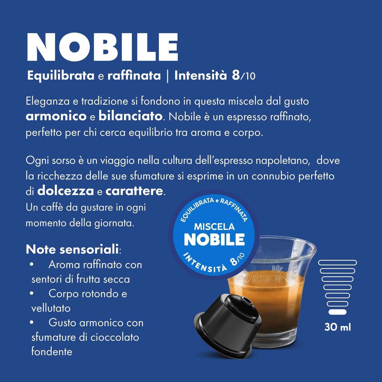 Una capsula di caffè accanto a un bicchiere di espresso. Il testo descrive la miscela.