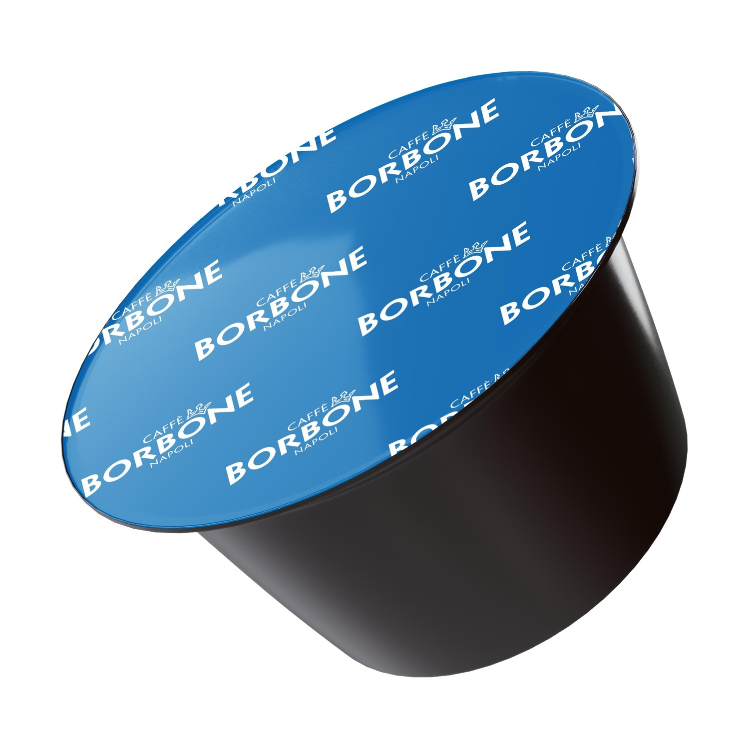 Una capsula caffè blu con scritta bianca 'BORBONE NAPOLI' su sfondo bianco.