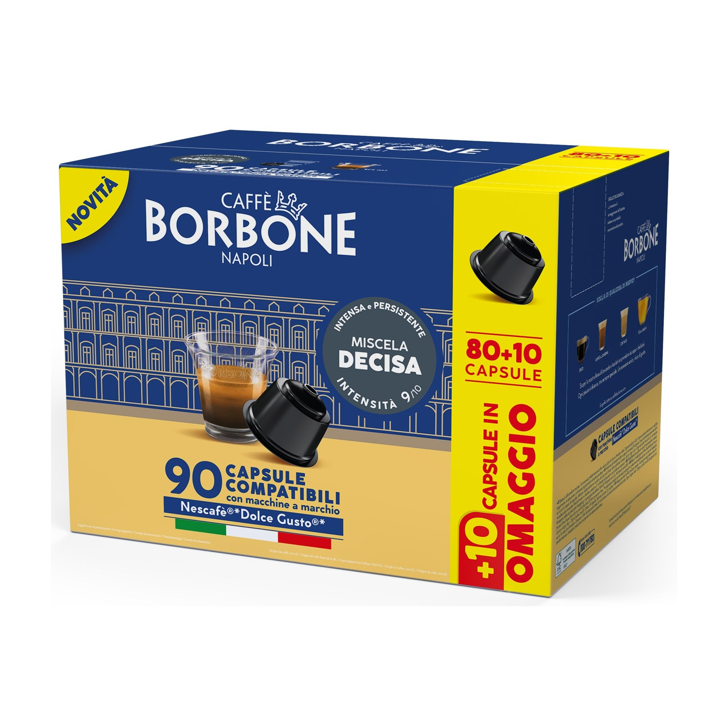 Scatola blu con 90 capsule caffè Borbone, 80+10 omaggio, per Dolce Gusto.