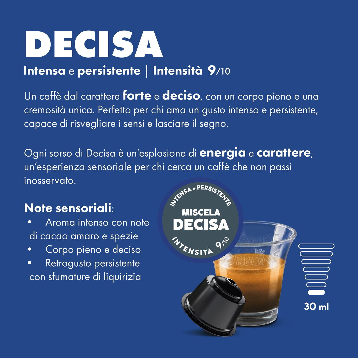 Una capsula di caffè accanto a un bicchiere di caffè, con indicazione 30 ml.