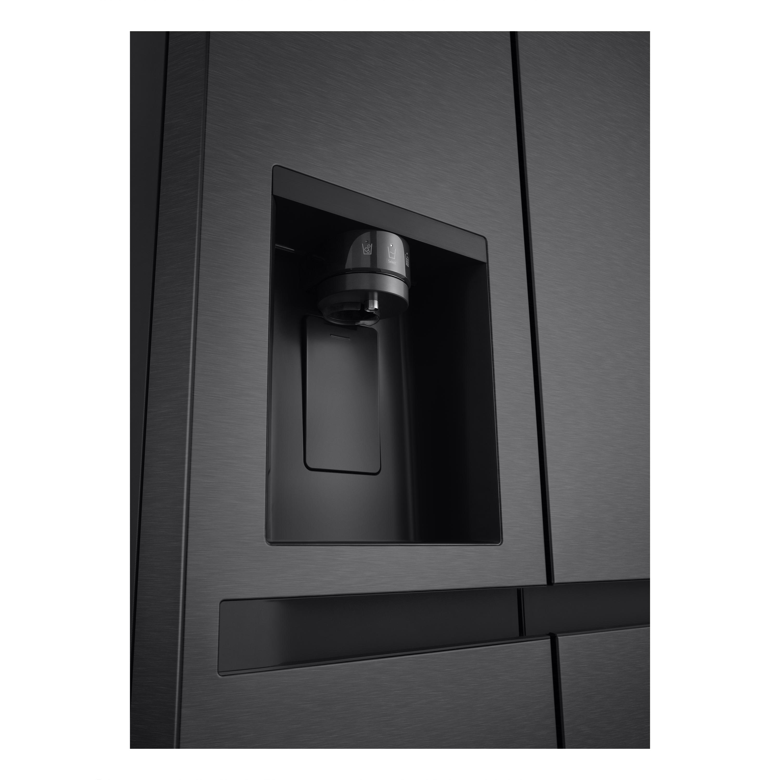 Schwarzer Kühlschrank mit Wasserspender und Bedienfeld.