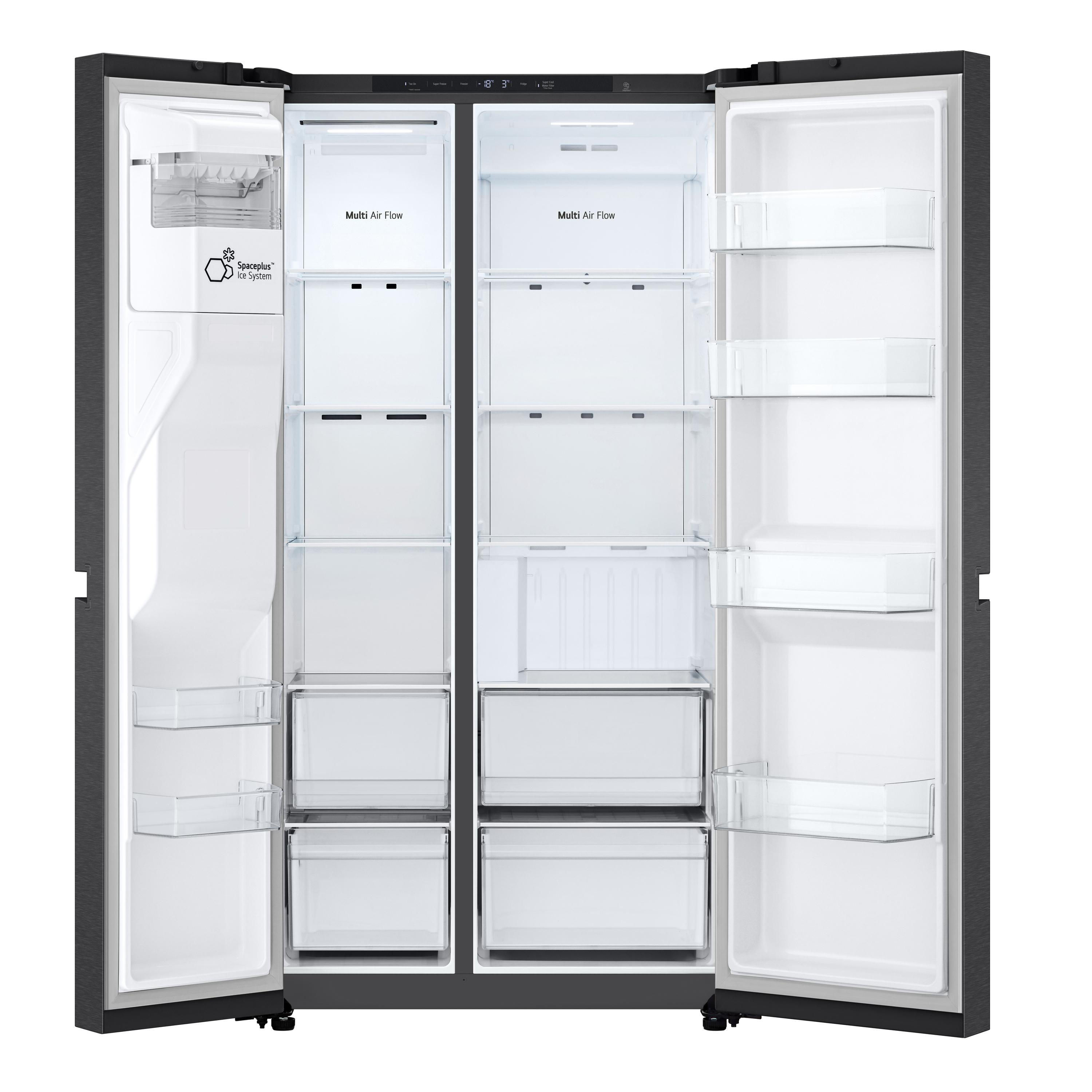 Ein offener, leerer Kühlschrank mit zwei Türen und mehreren Fächern. Unten sind Schubladen.