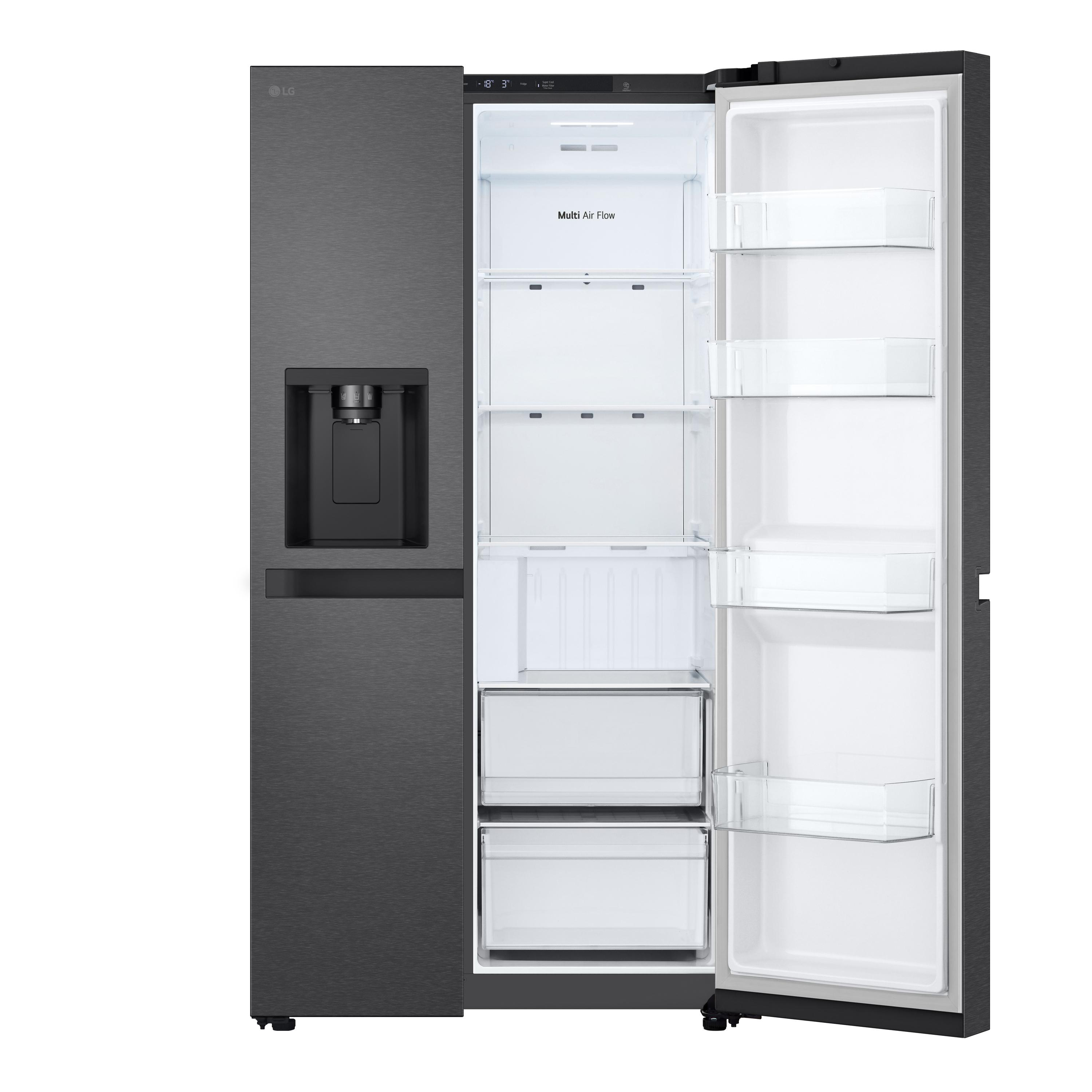 Ein dunkler LG Kühlschrank mit offener Tür, zeigt Innenfächer und Schubladen.