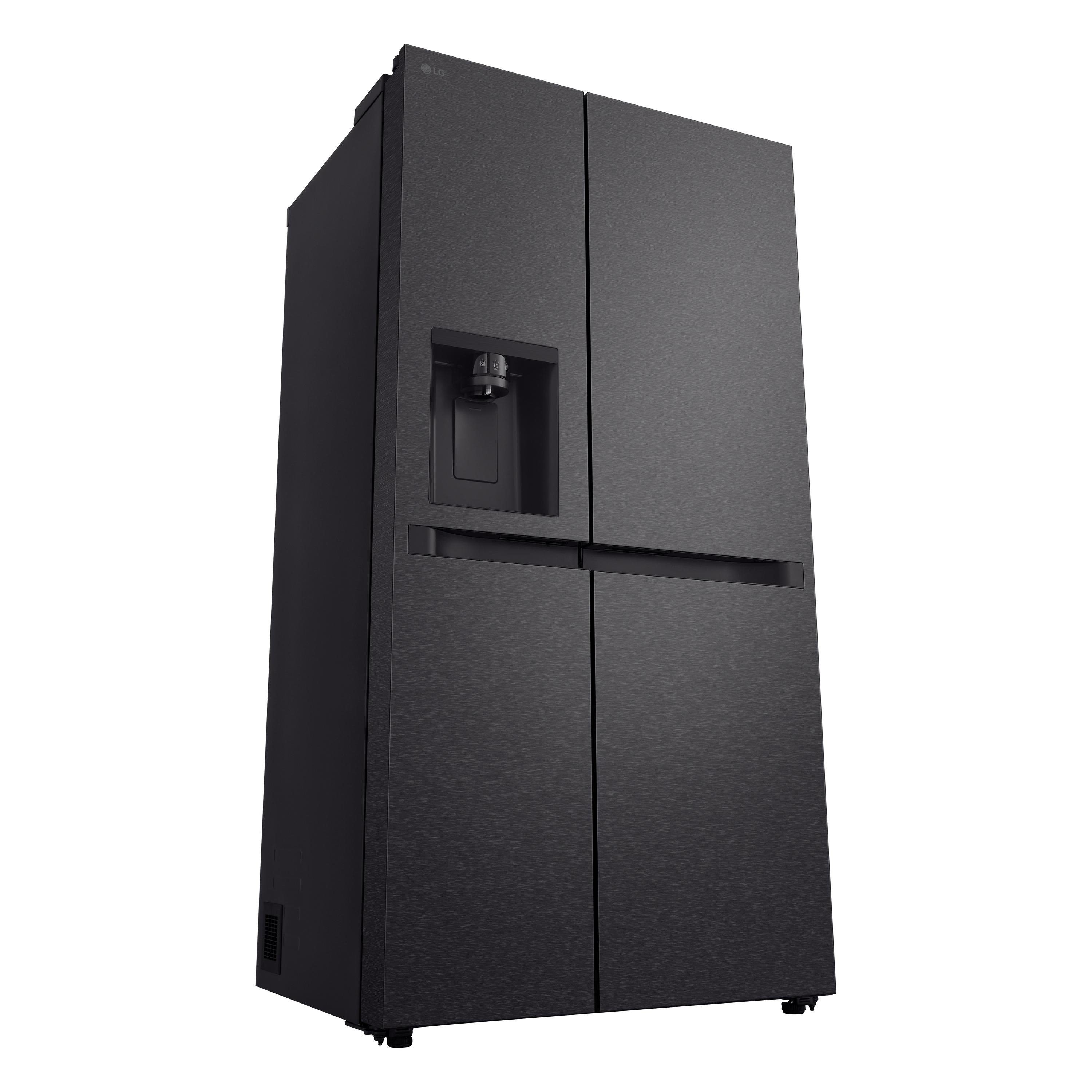 Ein schwarzer Kühlschrank mit Wasserspender und LG-Logo.