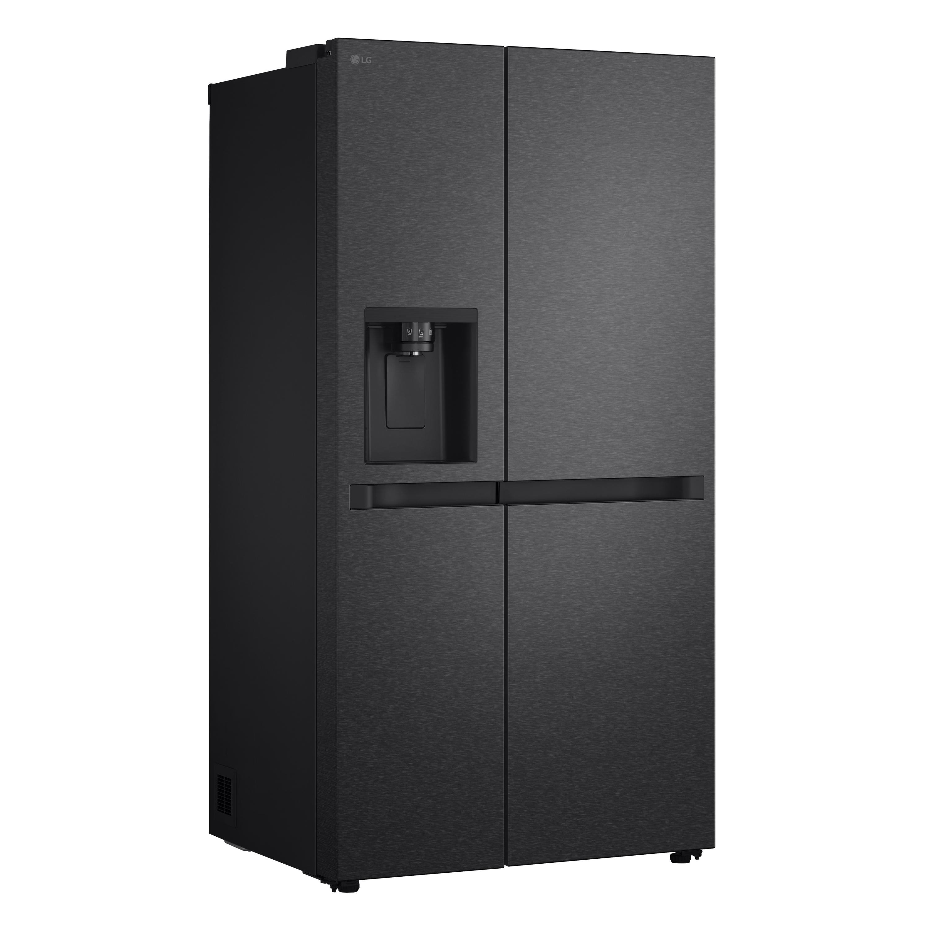 Ein schwarzer LG Kühlschrank mit Wasserspender und zwei Türen.