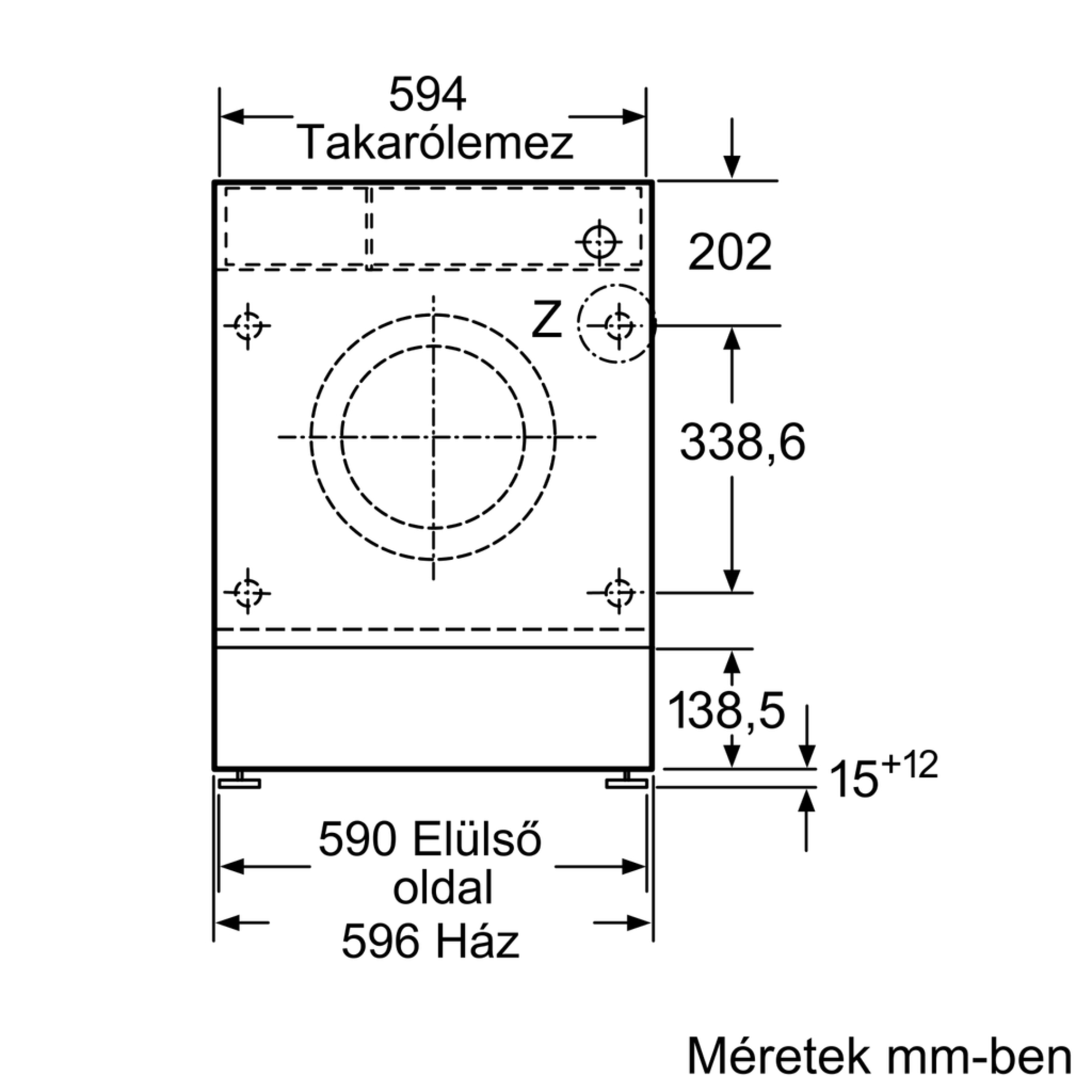 Műszaki rajz méretekkel egy gépről. Középre igazított kör, furatok, méretek.