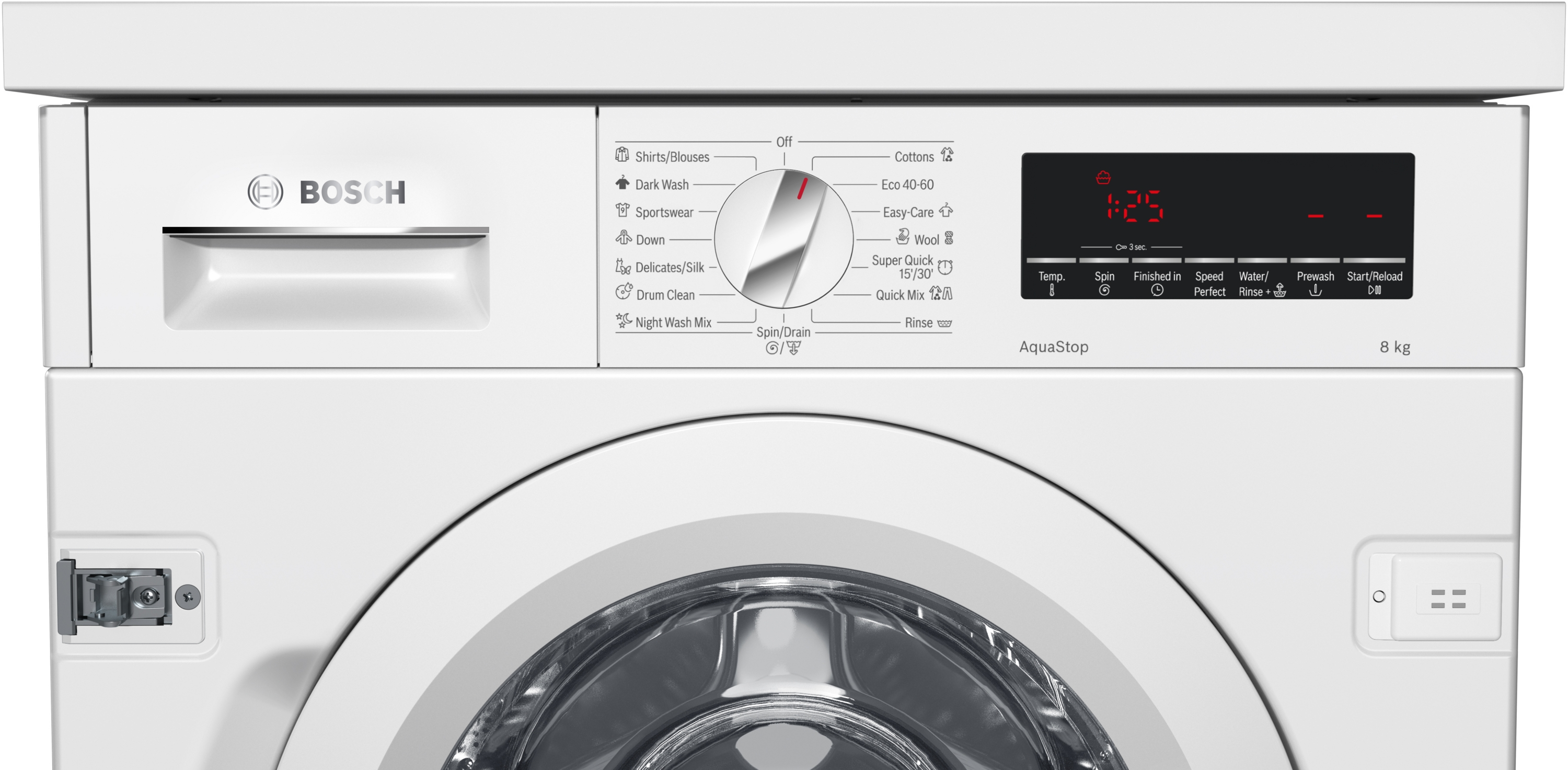 Fehér Bosch mosógép digitális kijelzővel és programválasztóval.