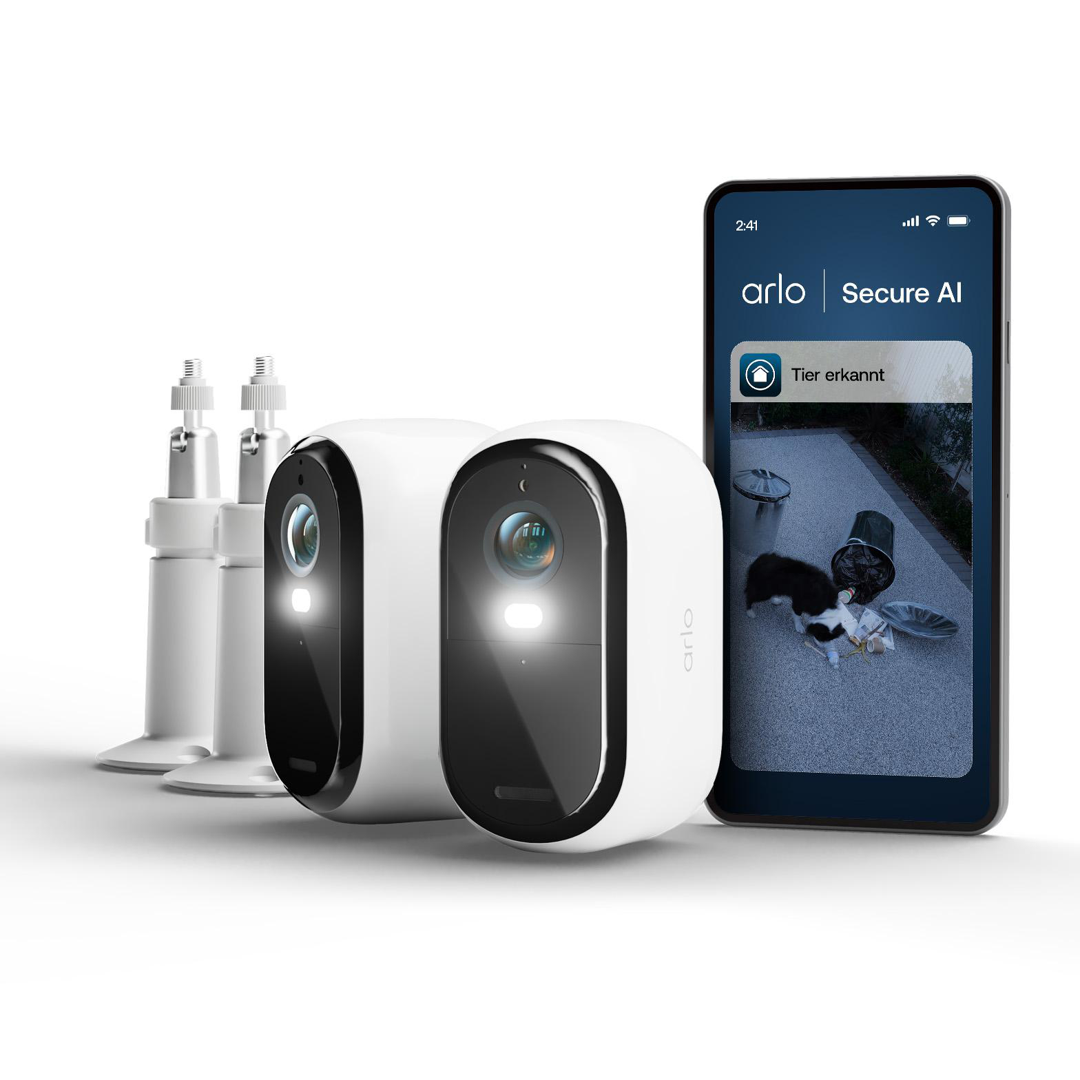 Weiße Arlo Kameras und ein Smartphone mit Tiererkennungs-App.
