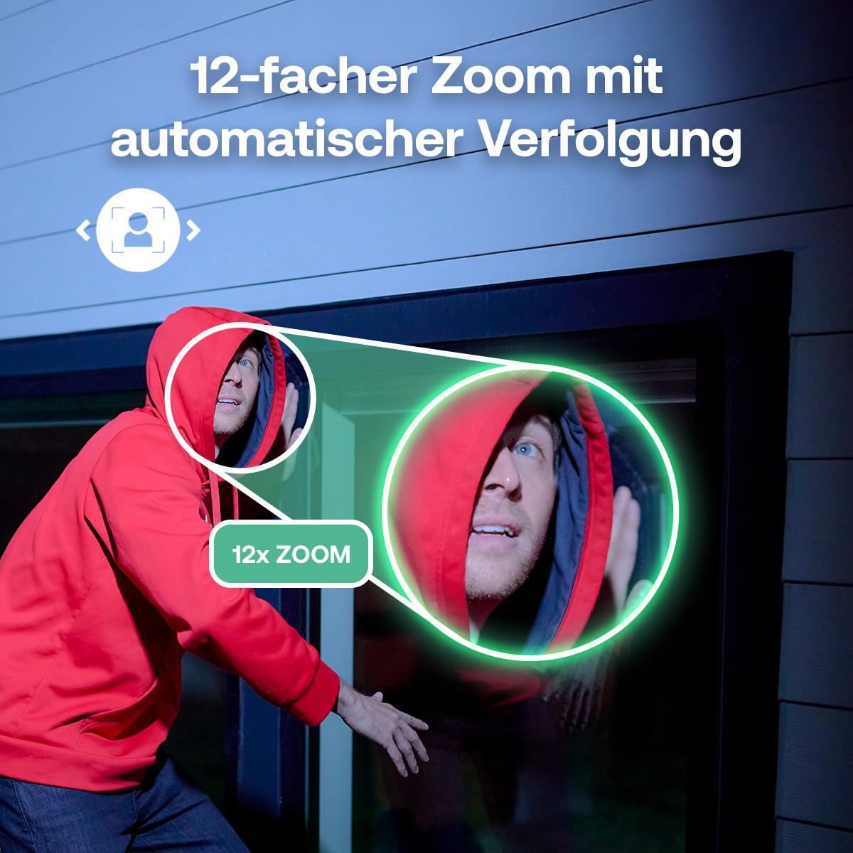 Mann mit rotem Hoodie und 12x Zoom-Funktion.