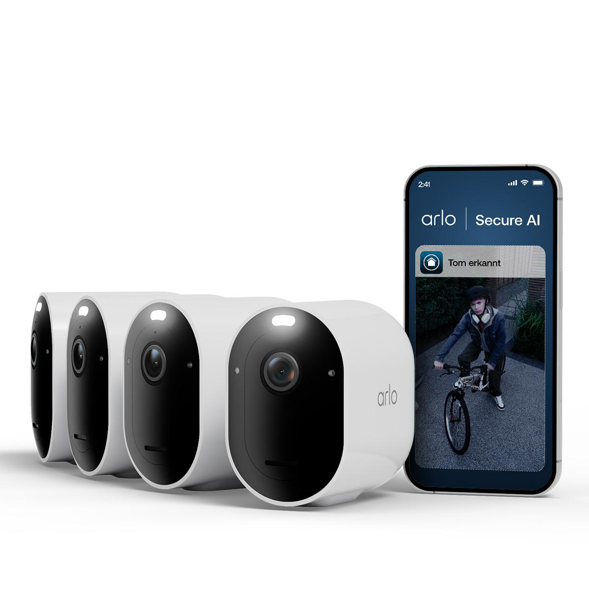 Weiße Arlo-Kameras und ein Smartphone mit einem Jungen auf einem Fahrrad
