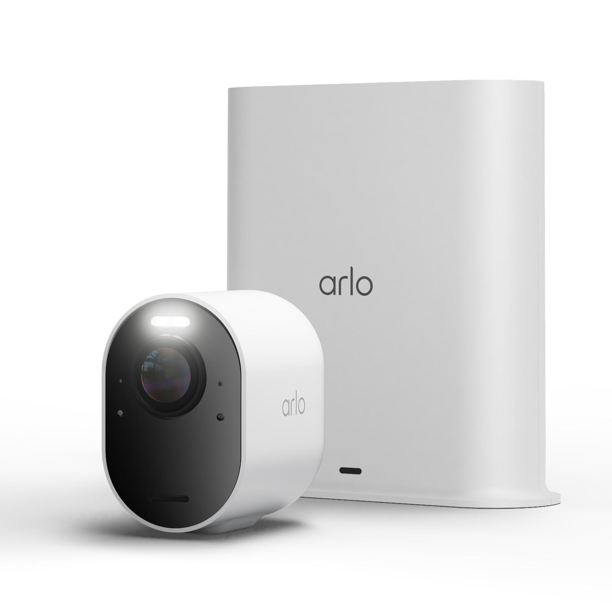 Ein weißes Arlo-Sicherheitsgerät mit Kamera und Basisstation auf weißem Hintergrund.