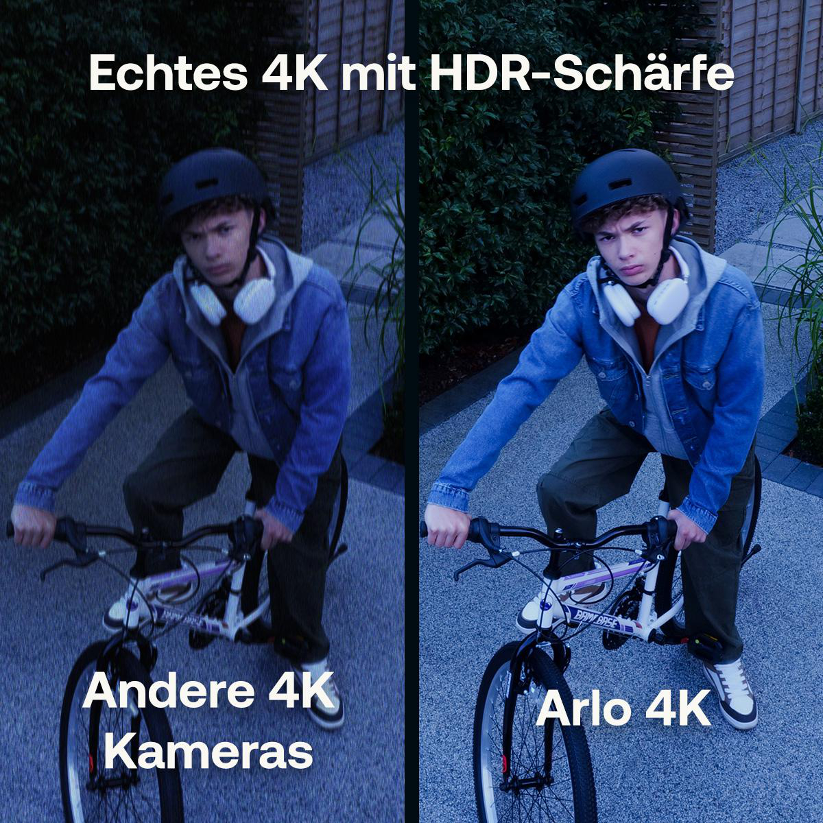 Junge auf Fahrrad, links 4K, rechts Arlo 4K, mit Text.