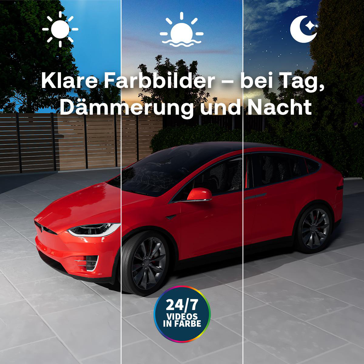 Rotes Auto bei Tag, Dämmerung und Nacht mit Text über klare Farbbilder.